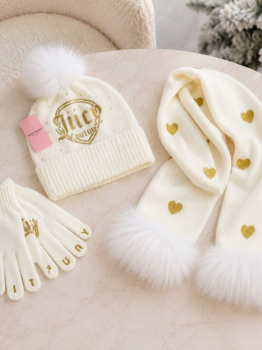 Juicy Couture Kids Beanie Scarf Gloves Set Metallic Hearts NWT